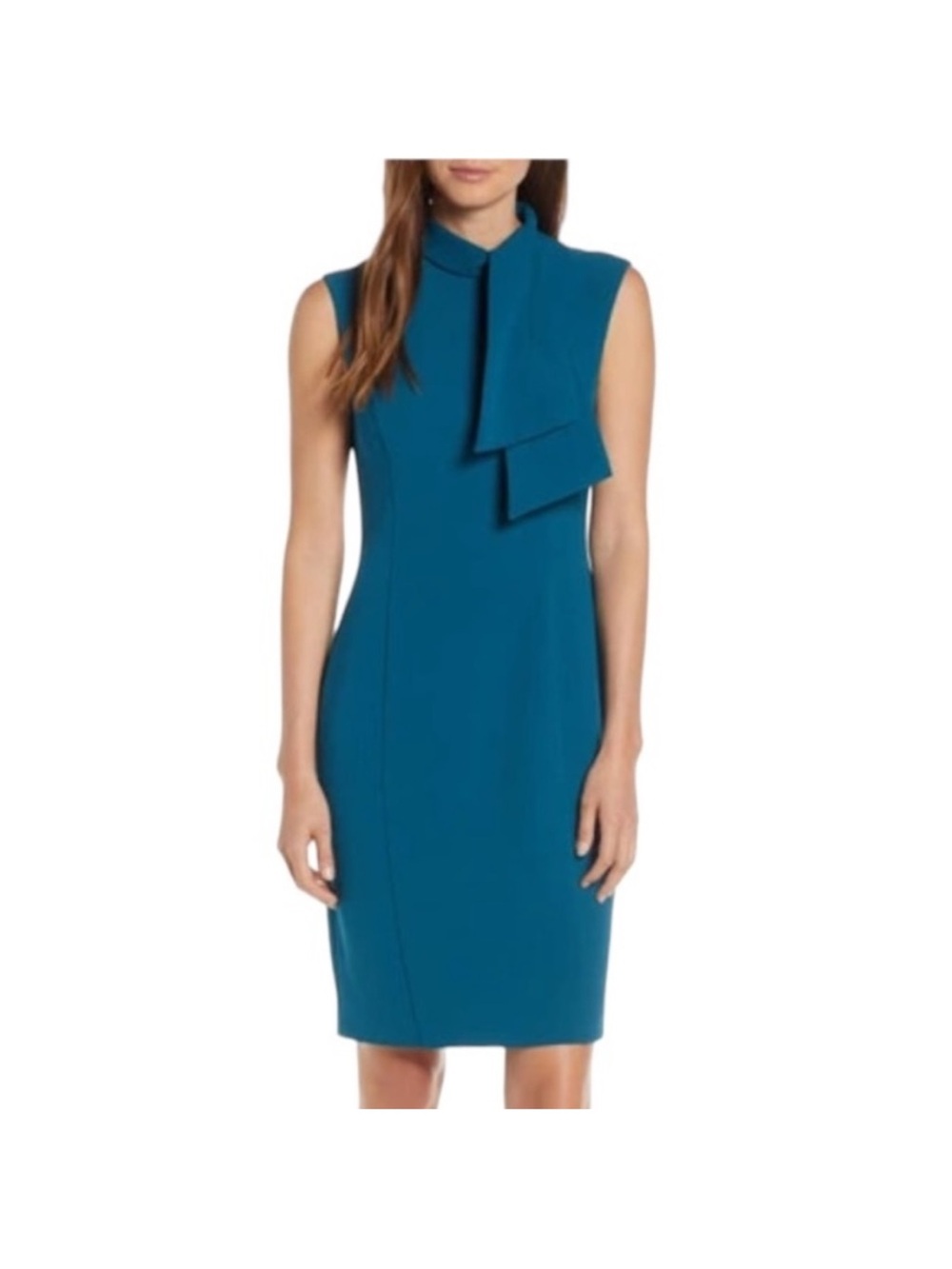 Sleeveless Teal Midi Sheath Dress with Draped Neck Tie Harper Rose Peacock SZ 4